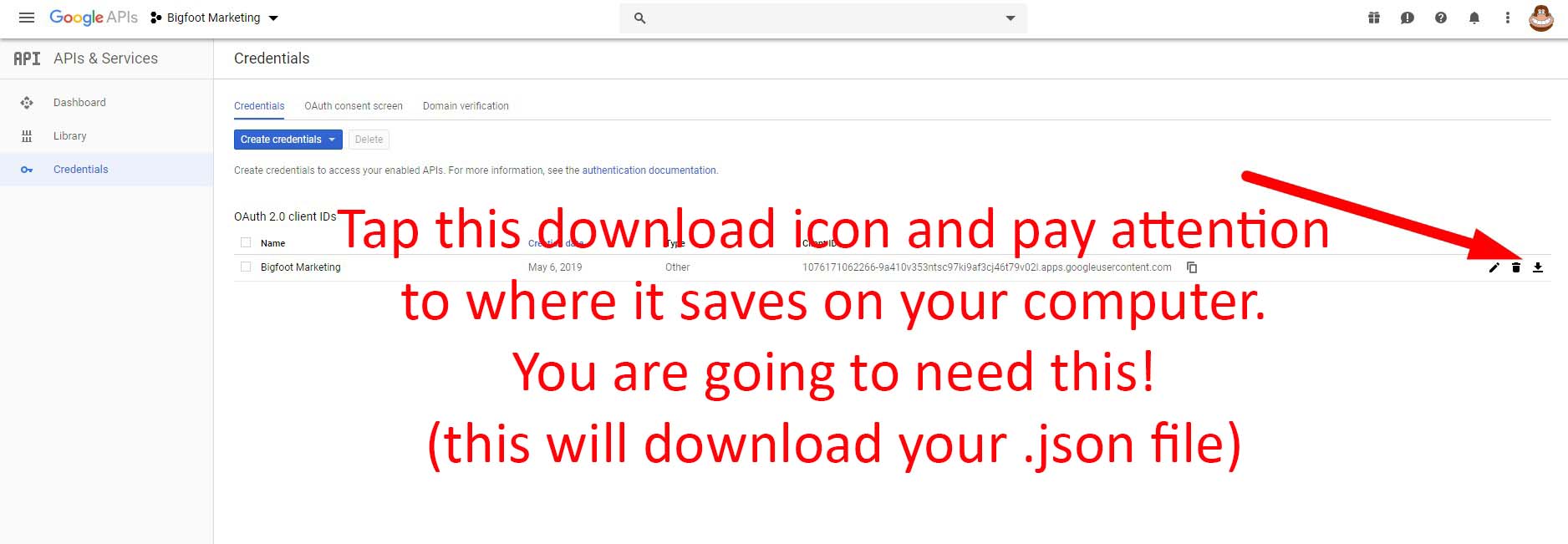 Step 24. Download your credentials (.json file) Step 24. Download your credentials (.json file)